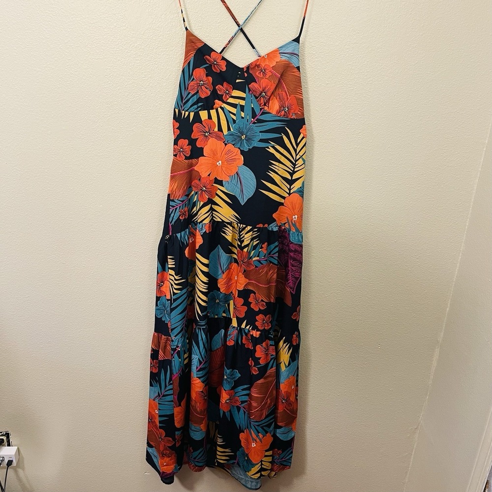 SHEIN Tropical Floral Maxi Dress Maximalist‎ Tiered Cross Tie Back Zipper Size S